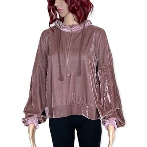 Favlux Velvet Hoodie Womens Large Mauve Oversized Puffy Sleeve 1/2 Zip